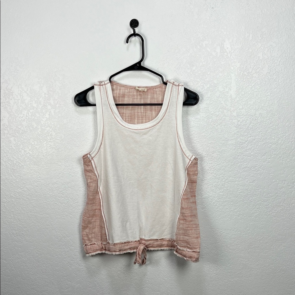 Hem & Thread Women White Pink Tank Top Cotton Casual Fringed Hem Tie Sz L TC0618